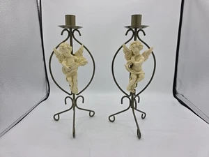 Pair Of Vintage Cherub Angel Ceramic & Metal Taper Candle Holders 11" MCM - Picture 1 of 12