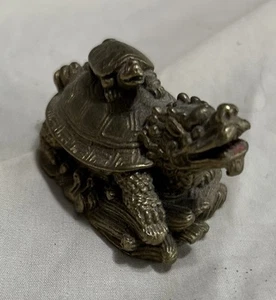 Vintage Miniature Cast Metal Brass Figurine Feng Shui Dragon Turtle Wealth - Picture 1 of 5