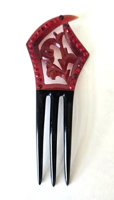 Antique HAIR COMB Celluloid ART NOUVEAU Black RED Rhinestone VTG 4.5" X 2" Pick - Image 1 of 4
