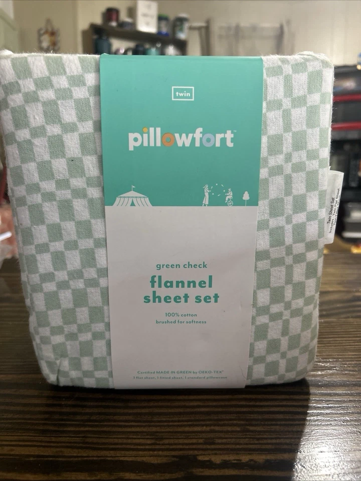 3 件套 Pillowfort 绿色方格法兰绒双张套装全新带包装 — 第 1/2 张图片
