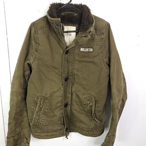 Hollister Jacket Mens Medium Faux Fur Collar Interior Olive Green Zip Up - Picture 1 of 11