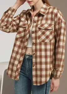 Plaid Shacket Jacket Long Sleeve Button Down Fall Shirts Coat - Picture 1 of 9