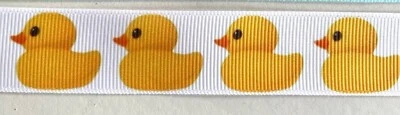 Yellow ducks on white blue grosgrain ribbon  7/8" 1" rubber ducky - Image 1 of 2