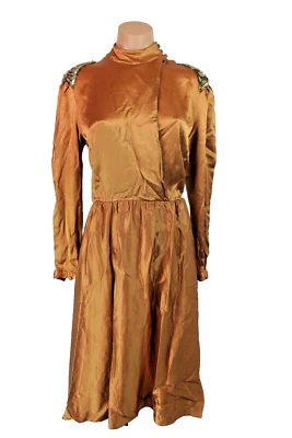 VTG 80s Bronze Gold Metallic House Dress Jonathan Hitchcock Sequin Fit Flare M/L - Image 1 of 4