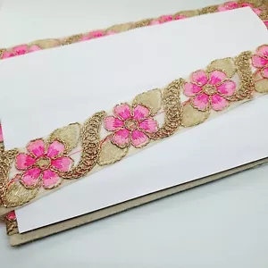 1m gold indian ribbon pink flower Embroidered Lace bridal wedding 4cm - Picture 1 of 1