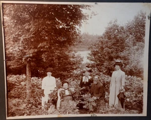 1800's Cabinet Card Man + 4 Women Hats Umbrella Chair Trees Lake 10" x 12" JRR5 - Picture 1 of 8
