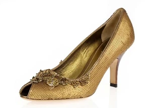 Prada Womens Bronze Flower Sequined Slip On Peep Toe Tortoise Heels Size 36.5 - Picture 1 of 7