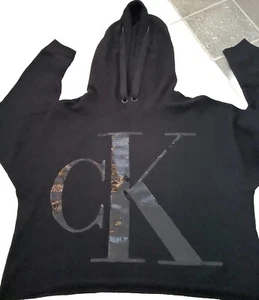 Rrp:$129 Calvin Klein Jeans Boo- Women’s Black Cropped Hoodie Sequin Logo Size M - Picture 1 of 6