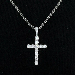 Iced Tennis Cross Pendant Out VVS Diamond 3mm 18K White Gold Plated Rapper CZ - Picture 1 of 5