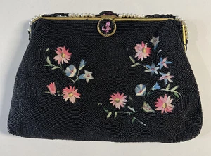 Vintage Perlen Made in France schwarz Blumen Handtasche Geldbeutel Cloisonne Verschluss - Bild 1 von 6