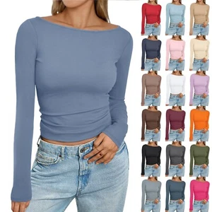 Women's Basic Long Sleeve Tops Slim Fit Stretchy Boat Neck T-Shirt Plain - Picture 1 of 73