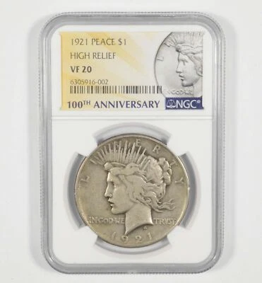 VF20 1921 Peace Silver Dollar High Relief 100th Anniversary NGC *7076 - Image 1 of 3
