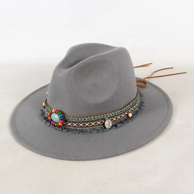 Boho Wide Brim Fedora Hat Western Cowboy Felt Bucket Cap Festival Sunhat Gray - Image 1 of 4