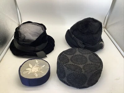 4 Women’s Hats Vintage Winter Lace Pillbox Faux Fur Black Blue READ - Image 1 of 4