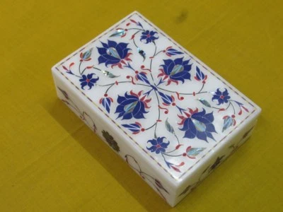 Marble Jewelry Box Pietra Dura Work Semi Precious Lapis Home Decor For Gift - Image 1 of 3