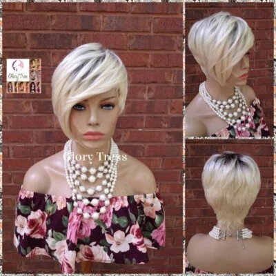 Short Razor Cut Full Wig |  Pixie Cut  | 100% Human Hair Wig | Ombre Blonde 613 - Image 1 of 4