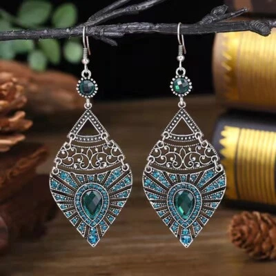 Preciosos Pendientes Bohemios Mujer Vintage Cristal Gran Lágrima Corazón Borla 1507 Foto 1 de 4
