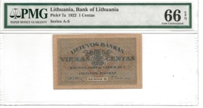 Lithuania 1922 1 centas UNCIRCULATED PMG 66 EPQ TOP POP - Image 1 of 2