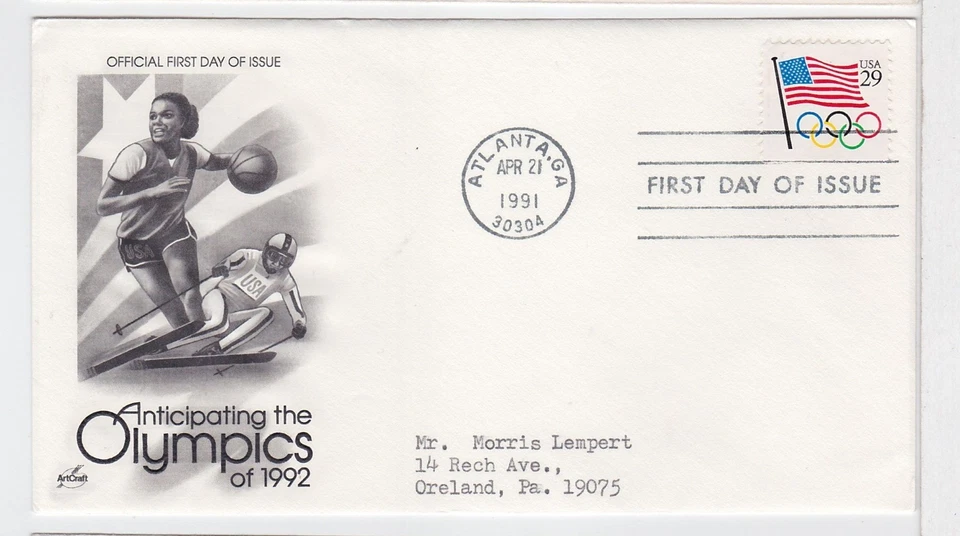 TurtlesTradingPost-  US Flag Olympics 1991 #2528a FDC- Artcraft   Cachet - Image 1 of 1