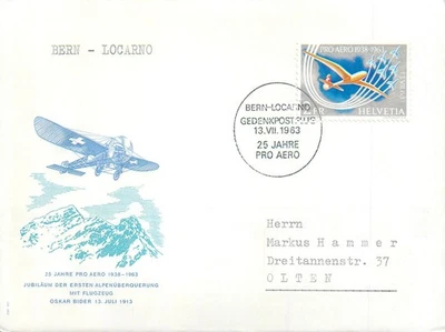 E0059 Switzerland 1963 Airmail Pro-Aero first crossing of the Alps, Oskar Bider - Image 1 of 2