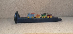 vintage railroad spike paperweight with wooden train great for kids room - Picture 1 of 8