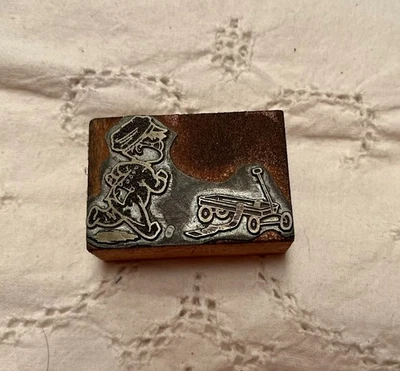 Letterpress  Christmas  Child with Wagon Printing Printer Block - Image 1 of 4