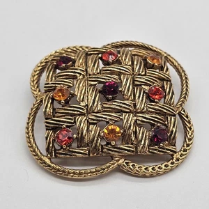 Vintage Signed Florenza Brooch Pin Weave design Orange & Red Amber Rhinestones - Picture 1 of 5