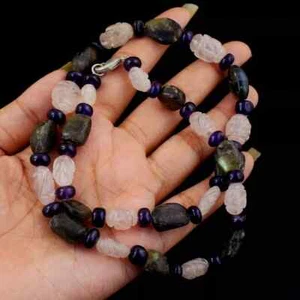 Rose Quartz , Amethyst &Labradorite 263 Cts Beaded Beautiful Necklace - Imagen 1 de 3