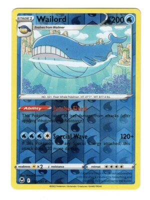 Pokemon TCG Wailord SWSH Silver Tempest 038/195 Reverse Holo Uncommon Card NM - Image 1 of 2