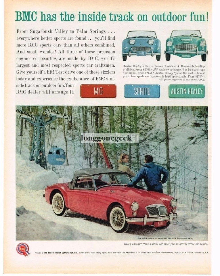 1961 BMC MG Red Roadster Skiers Sugarbush Valley Vintage Ad  - Image 1 of 1