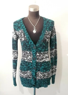 Cardigã suéter listrado preto e azul-petróleo Rue21 júnior tamanho médio  - Imagem 1 de 4