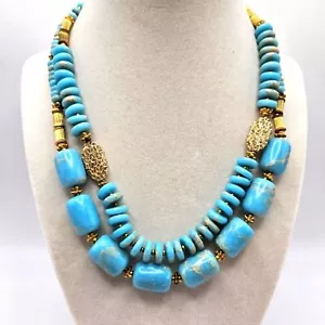 VINTAGE Stauer Veined Blue Jasper Gold Tone Double Strand Beaded Necklace Signed - Picture 1 of 7