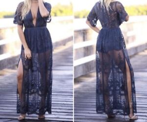 Lace Embroidered Maxi Dress Small Blue Honey Punch Womens Solid Romper Overlay
