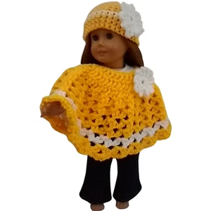 Ropa de muñeca poncho y sombrero de 18" se adapta a muñecas chicas americanas amarillas con flor blanca - Imagen 1 de 4
