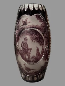 14" Dresden Amethyst Cut to Clear Art Glass Vase with Landscape Hunting Scene - Picture 1 of 11