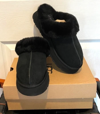 NIB UGG DISQUETTE BLACK SUEDE SHEEPSKIN WOMEN'S SLIPPERS US SIZE 9 - Image 1 of 4