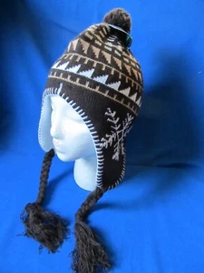 NEW Brown Knit Snowflake Winter Hat Fleece Lined with Ear Flaps Ties Youth Size - Picture 1 of 2