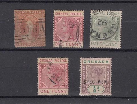 Grenada QV Unchecked Collection Of 5 Values Incl 6d Chalon Fine Used 1 MH BP4633 Cover