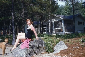 Vintage Kodachrome Slide Glamour Shots Frau Badeanzug Hund Pin Up Girl - Bild 1 von 2