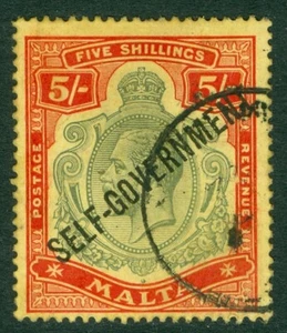 SG 113 Malta 1922. 5/- grün & rot/gelb. Sehr schöne gebrauchte Katze 100£ - Bild 1 von 1