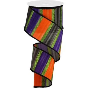 Cinta brillante a rayas de acuarela, Halloween, púrpura/negro/naranja, brillo verde, - Imagen 1 de 1
