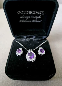 Gold Coast Platinum Plated Amethyst CZ Pendant and Earrings - Picture 1 of 9