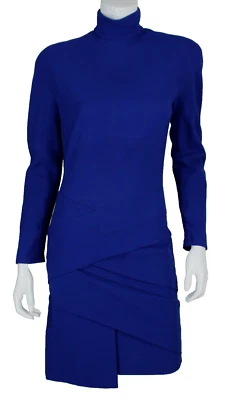 GIANNI VERSACE Vintage Blue Wool Crepe Asymmetric Turtleneck Sheath Dress 38 - Image 1 of 4