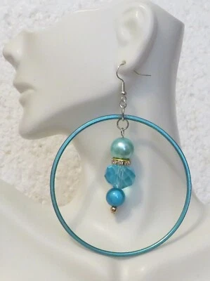 Large Teal Hoop Earrings 3 Teal Bead Center Drop Crystal Ring 3" Dangle Hook - Image 1 of 3