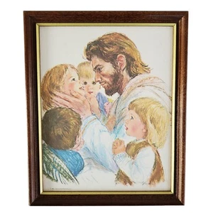 Vintage 1962 R Hook Jesus with Children Wood  Framed Art Print Picture Religious - Picture 1 of 8
