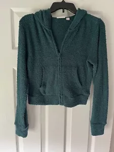 SO Fuzzy Zip Up Cropped Hooded Sweater Juniors Size Small Teal - Picture 1 of 3