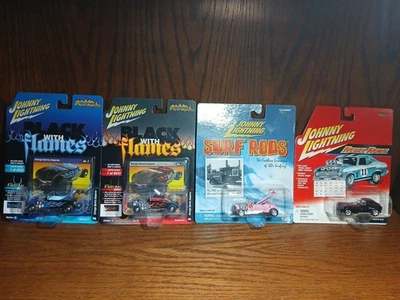 Johnny Lightning 1:64 Street Freaks, Rebel Rod, Surf Rods Black  Flames Lot Of 4 - Image 1 of 4