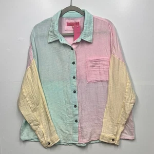 Simply Southern Collection Pastel Colorblock Button Down Shirt NWT Gauze Large - Picture 1 of 14