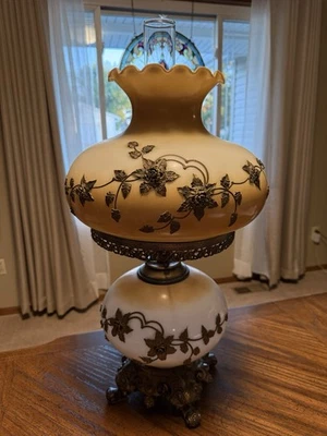 MCM Falkenstein Hurricane Hollywood Regency Lamp Embossed Bronze Floral LRG 25” - Image 1 of 4