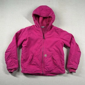 Carhartt Jacket Youth M (10-12) Full Zip Hooded Pink Sherpa Lined Canvas - Picture 1 of 10